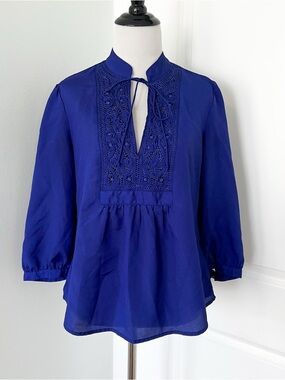 Banana Republic Cobalt Blue Embroidered Tie-Neck Blouse - PM